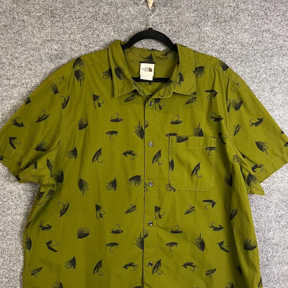 The North Face Button Up Shirt Mens XXL Green Excellent Fly Fishing Print Cotton